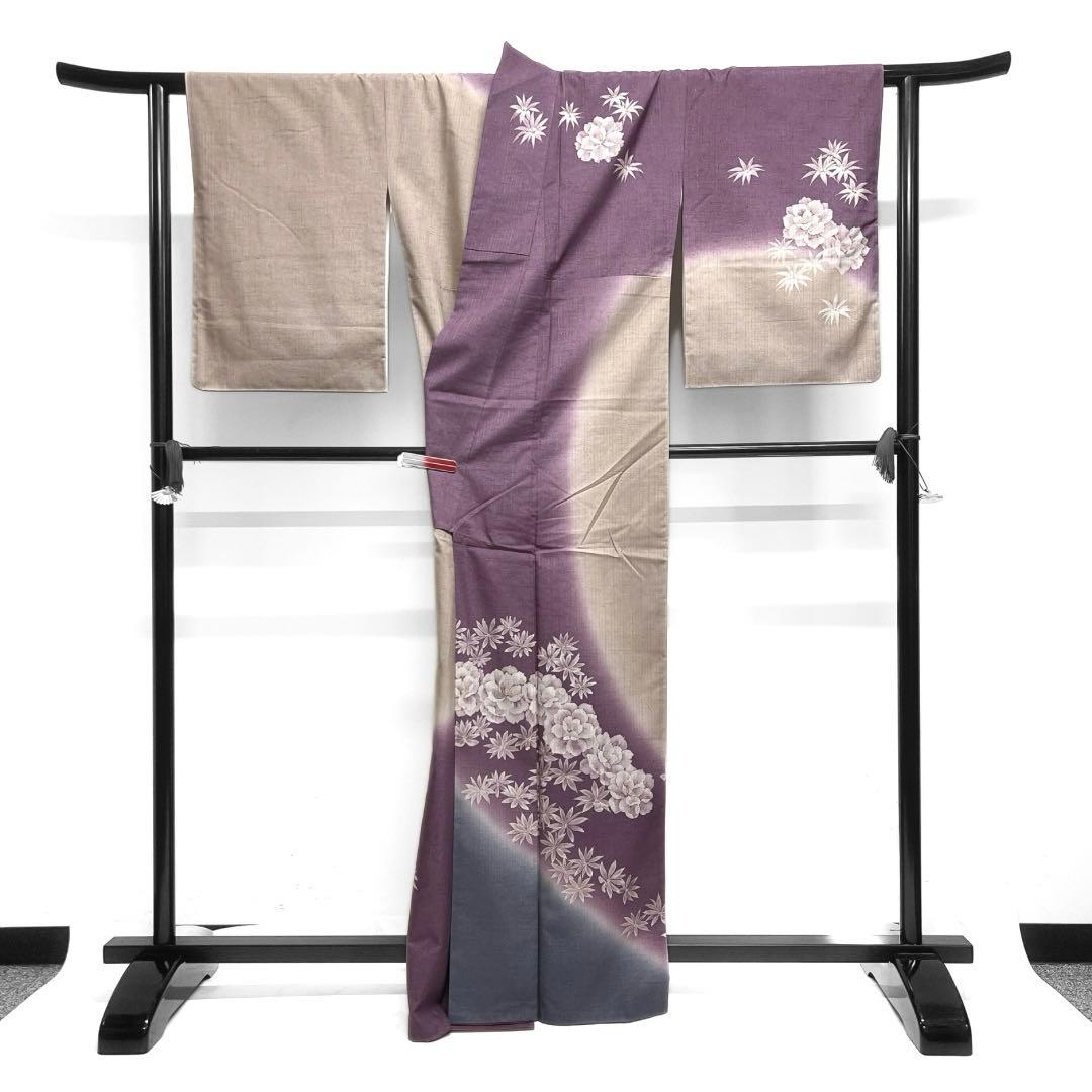 訪問着　紬　花模様　縦縞　銀通し　グラデーション　着物　103 d