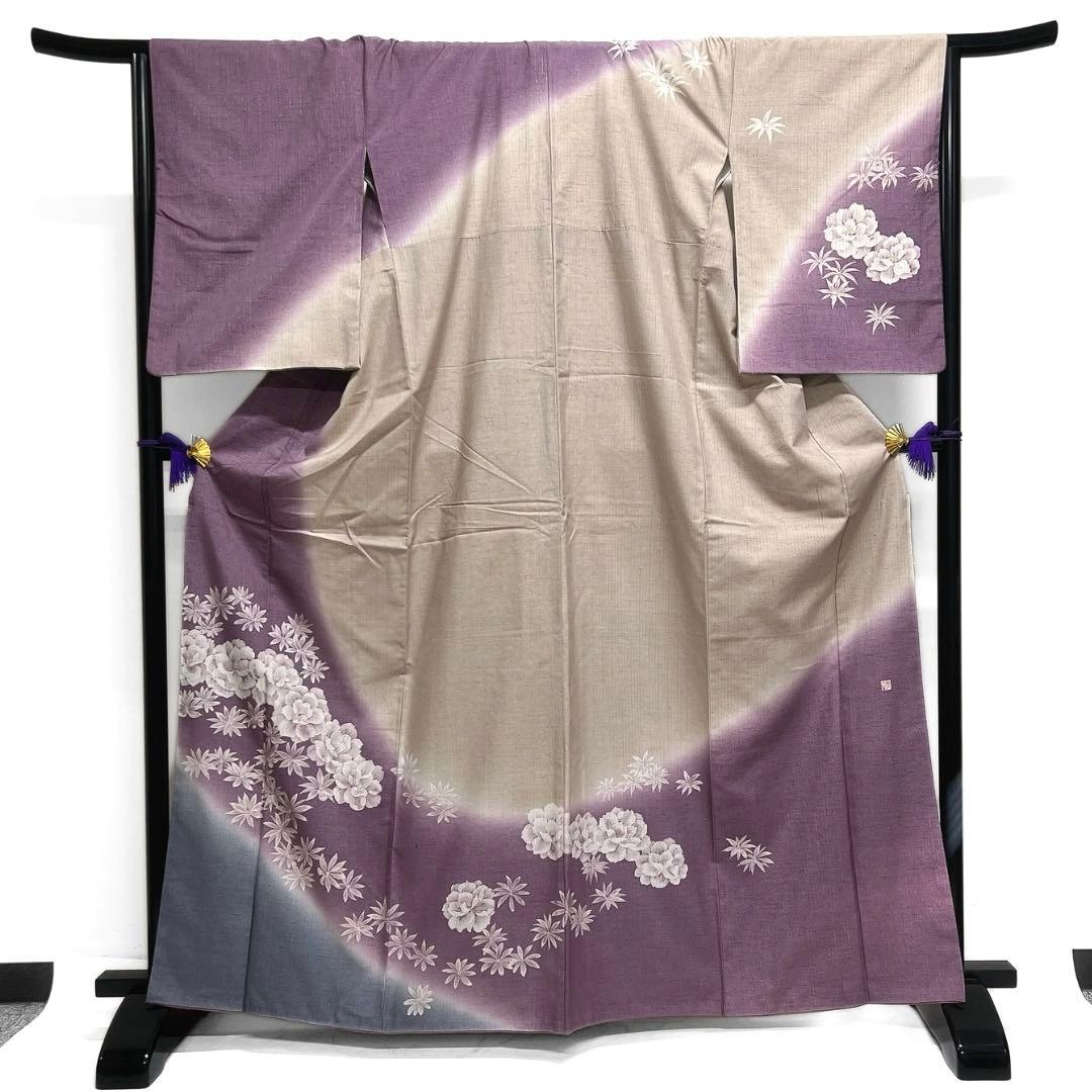 訪問着　紬　花模様　縦縞　銀通し　グラデーション　着物　103 d