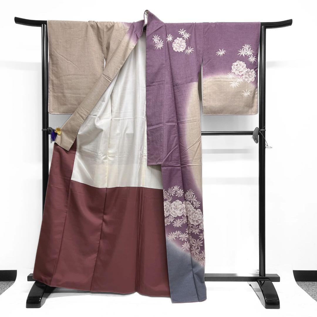 訪問着　紬　花模様　縦縞　銀通し　グラデーション　着物　103 d