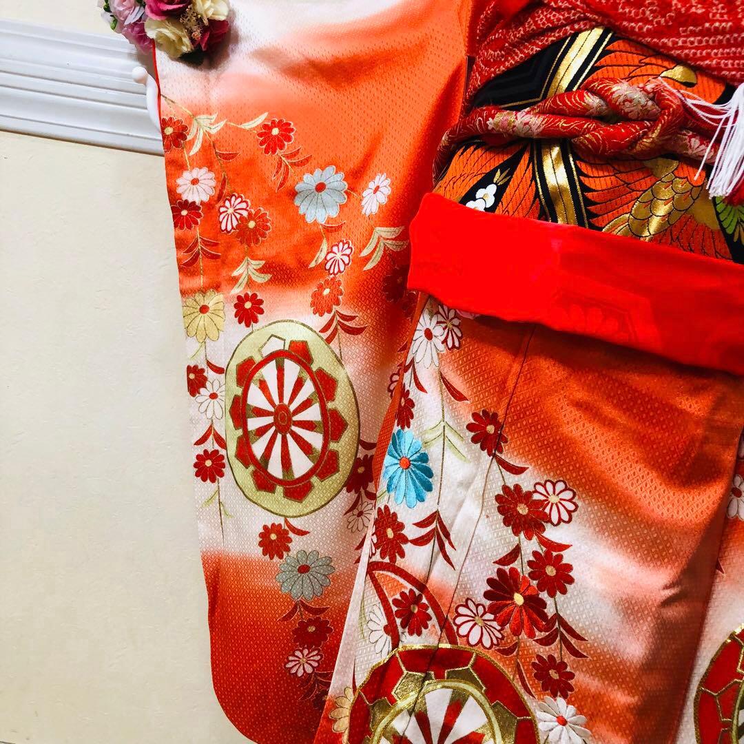 正絹着物七五三7歳‼️オレンジ暈し⭐︎菊雪輪金糸刺繍豪華煌びやか⭐︎安心フルセット