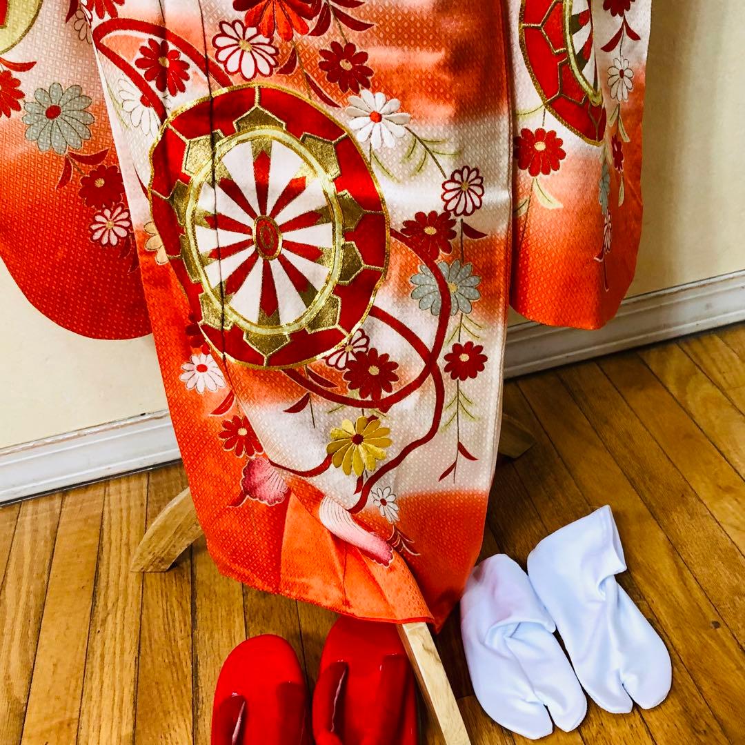 正絹着物七五三7歳‼️オレンジ暈し⭐︎菊雪輪金糸刺繍豪華煌びやか⭐︎安心フルセット