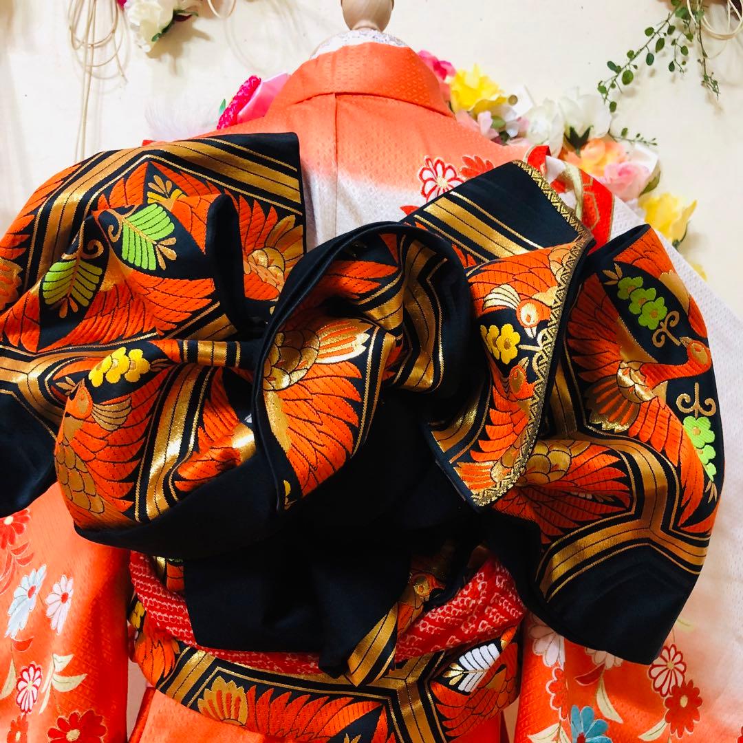 正絹着物七五三7歳‼️オレンジ暈し⭐︎菊雪輪金糸刺繍豪華煌びやか⭐︎安心フルセット