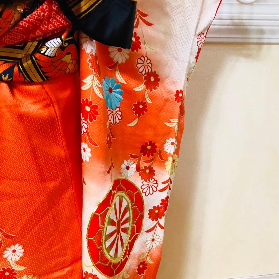 正絹着物七五三7歳‼️オレンジ暈し⭐︎菊雪輪金糸刺繍豪華煌びやか⭐︎安心フルセット