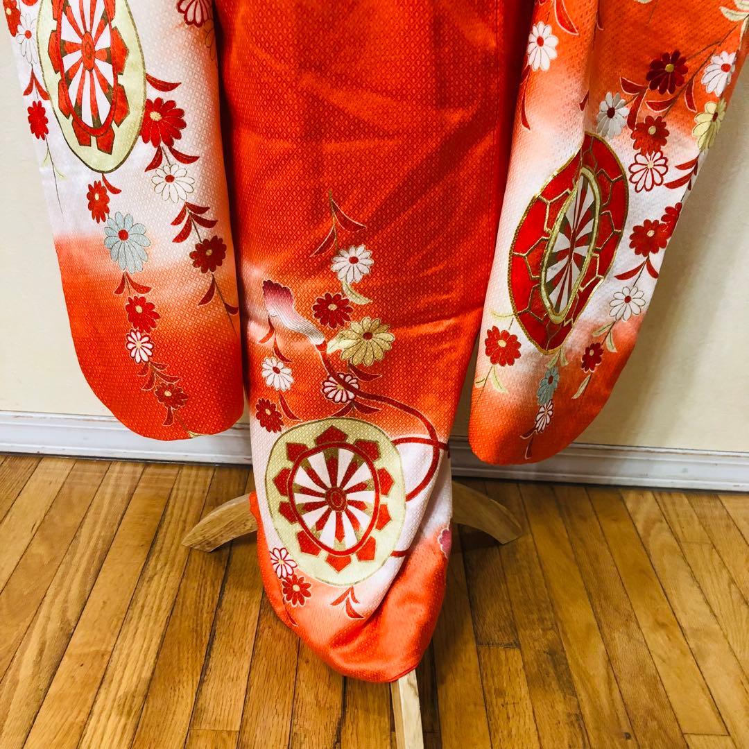 正絹着物七五三7歳‼️オレンジ暈し⭐︎菊雪輪金糸刺繍豪華煌びやか⭐︎安心フルセット