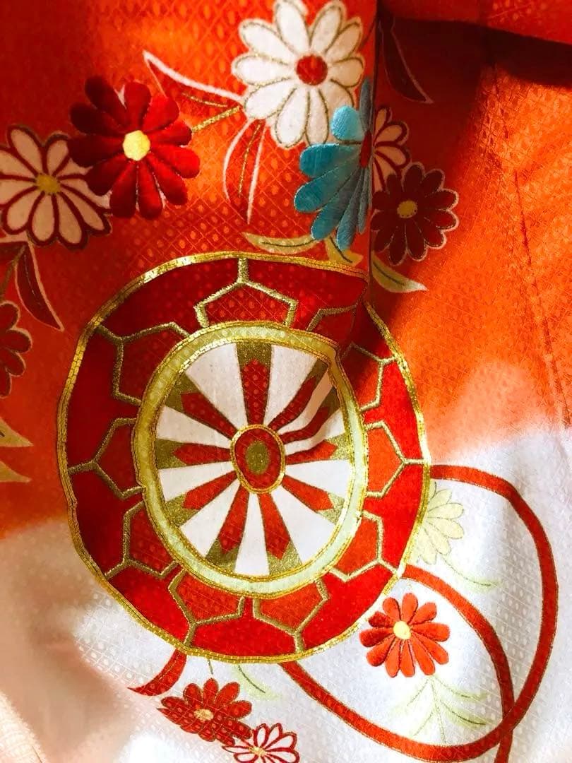 正絹着物七五三7歳‼️オレンジ暈し⭐︎菊雪輪金糸刺繍豪華煌びやか⭐︎安心フルセット