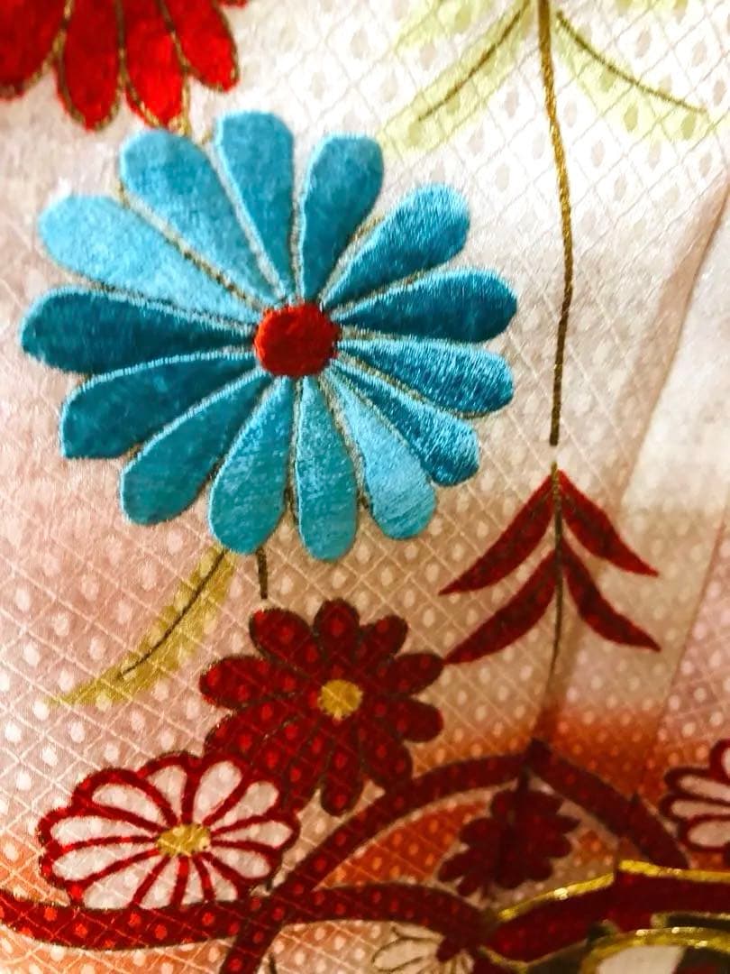 正絹着物七五三7歳‼️オレンジ暈し⭐︎菊雪輪金糸刺繍豪華煌びやか⭐︎安心フルセット