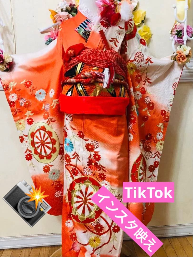 正絹着物七五三7歳‼️オレンジ暈し⭐︎菊雪輪金糸刺繍豪華煌びやか⭐︎安心フルセット