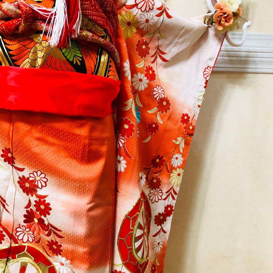 正絹着物七五三7歳‼️オレンジ暈し⭐︎菊雪輪金糸刺繍豪華煌びやか⭐︎安心フルセット