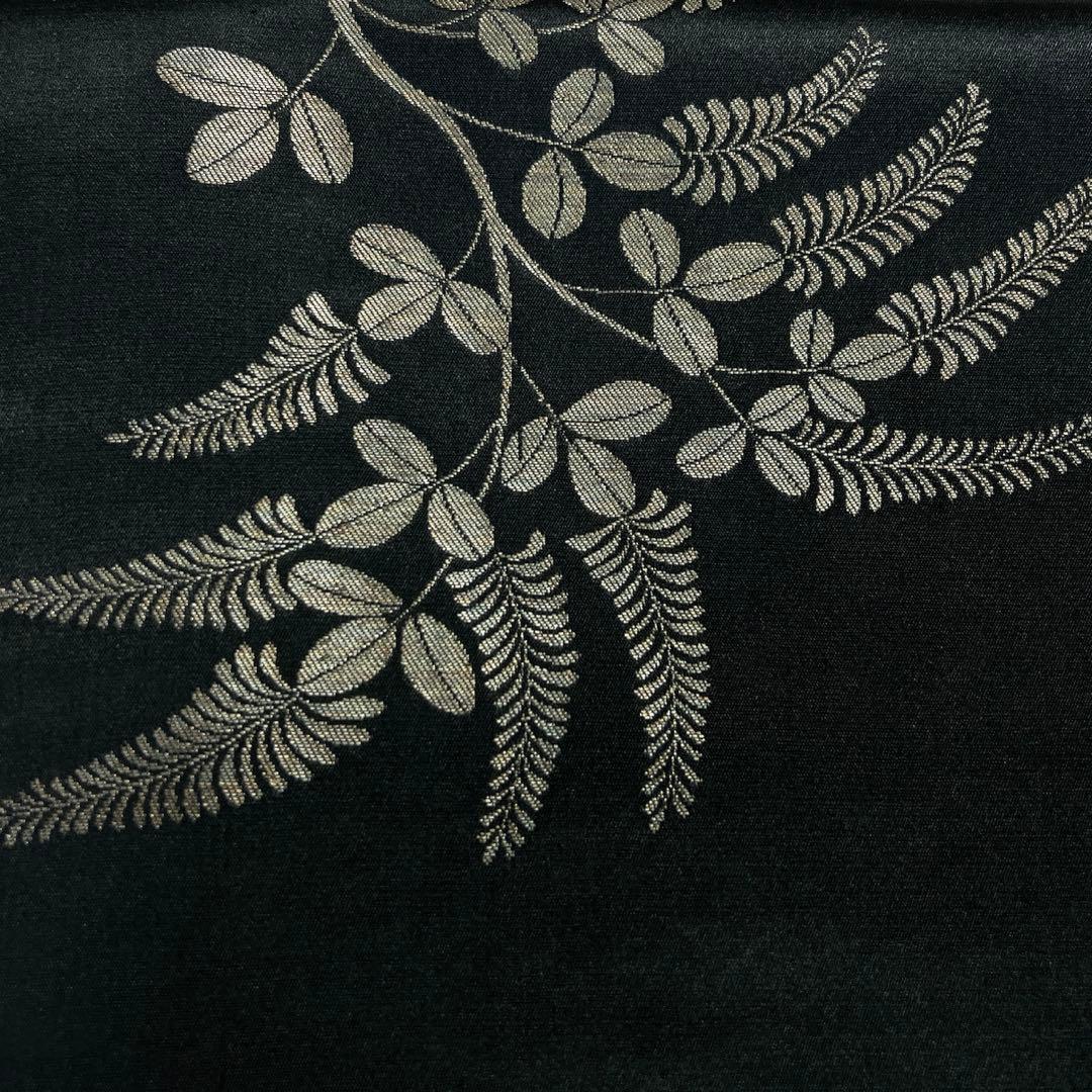 袋帯　アンティーク　昼夜帯　黒地　シダ　萩　リーフ模様　花模様　着物　013tz