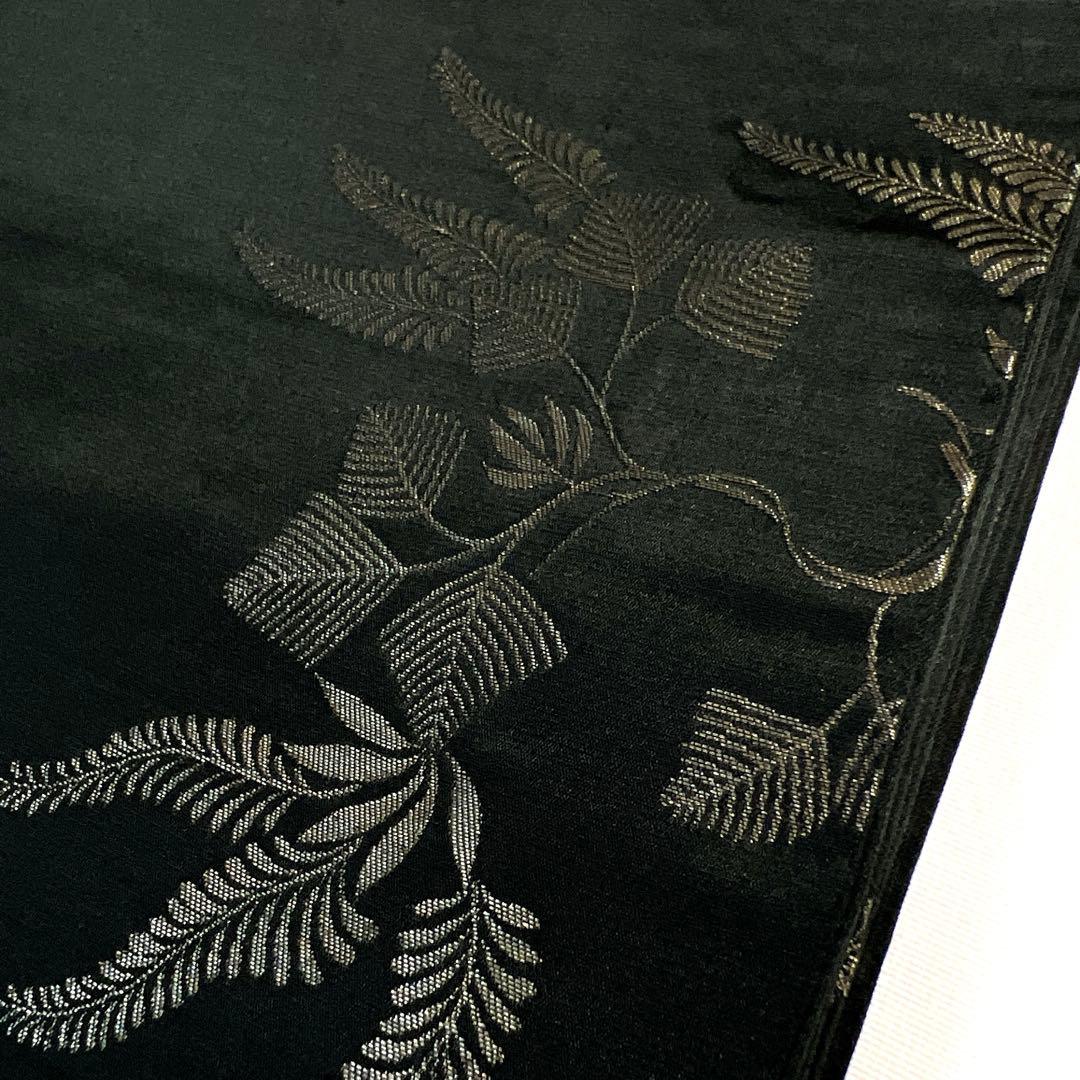 袋帯　アンティーク　昼夜帯　黒地　シダ　萩　リーフ模様　花模様　着物　013tz