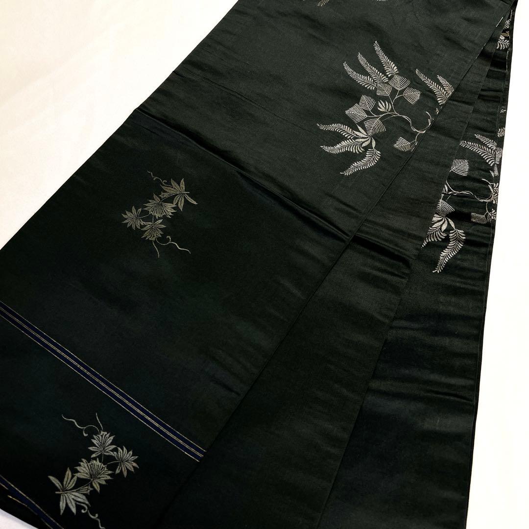 袋帯　アンティーク　昼夜帯　黒地　シダ　萩　リーフ模様　花模様　着物　013tz