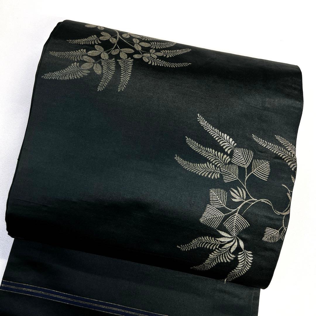 袋帯　アンティーク　昼夜帯　黒地　シダ　萩　リーフ模様　花模様　着物　013tz