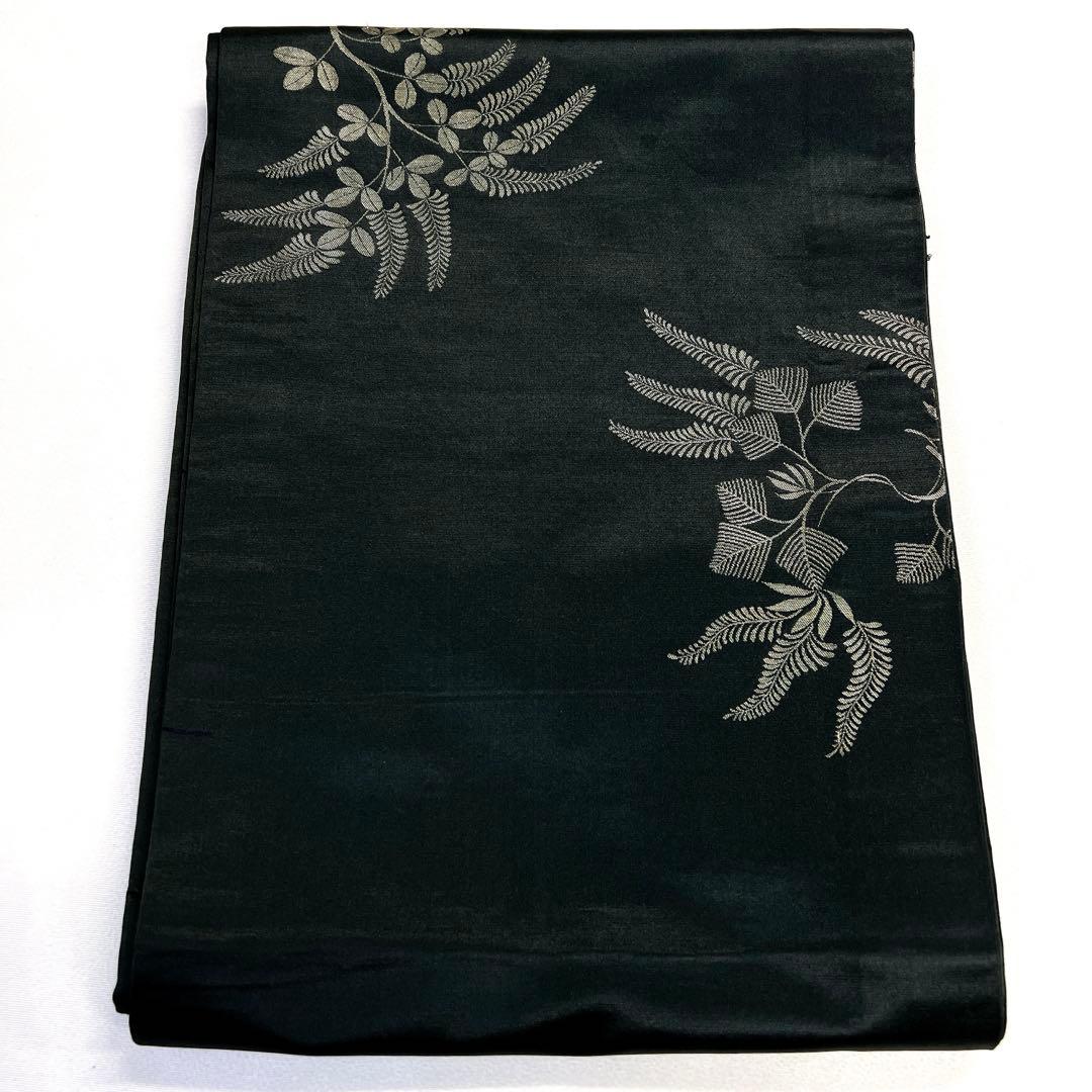 袋帯　アンティーク　昼夜帯　黒地　シダ　萩　リーフ模様　花模様　着物　013tz