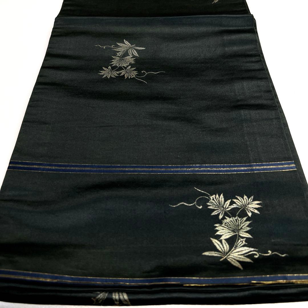 袋帯　アンティーク　昼夜帯　黒地　シダ　萩　リーフ模様　花模様　着物　013tz