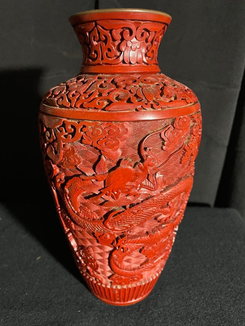 推朱　龍　銅器　漆器花瓶　ビンテージ骨董品