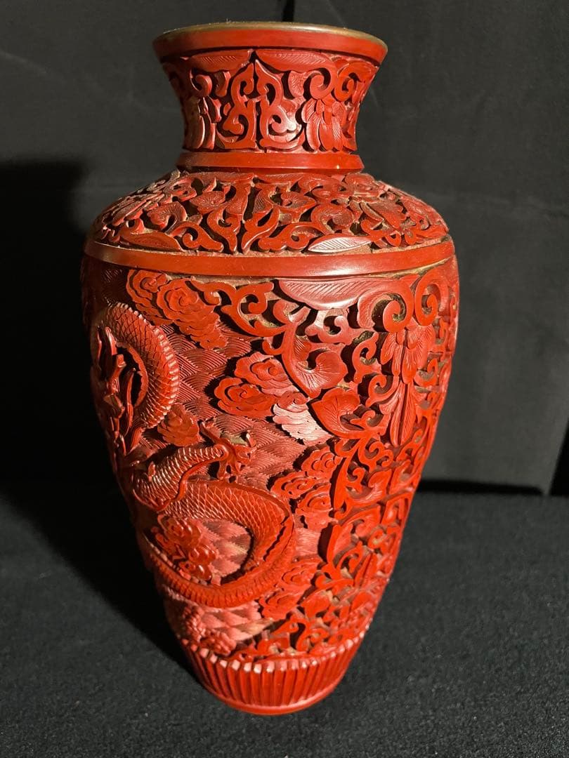 推朱　龍　銅器　漆器花瓶　ビンテージ骨董品