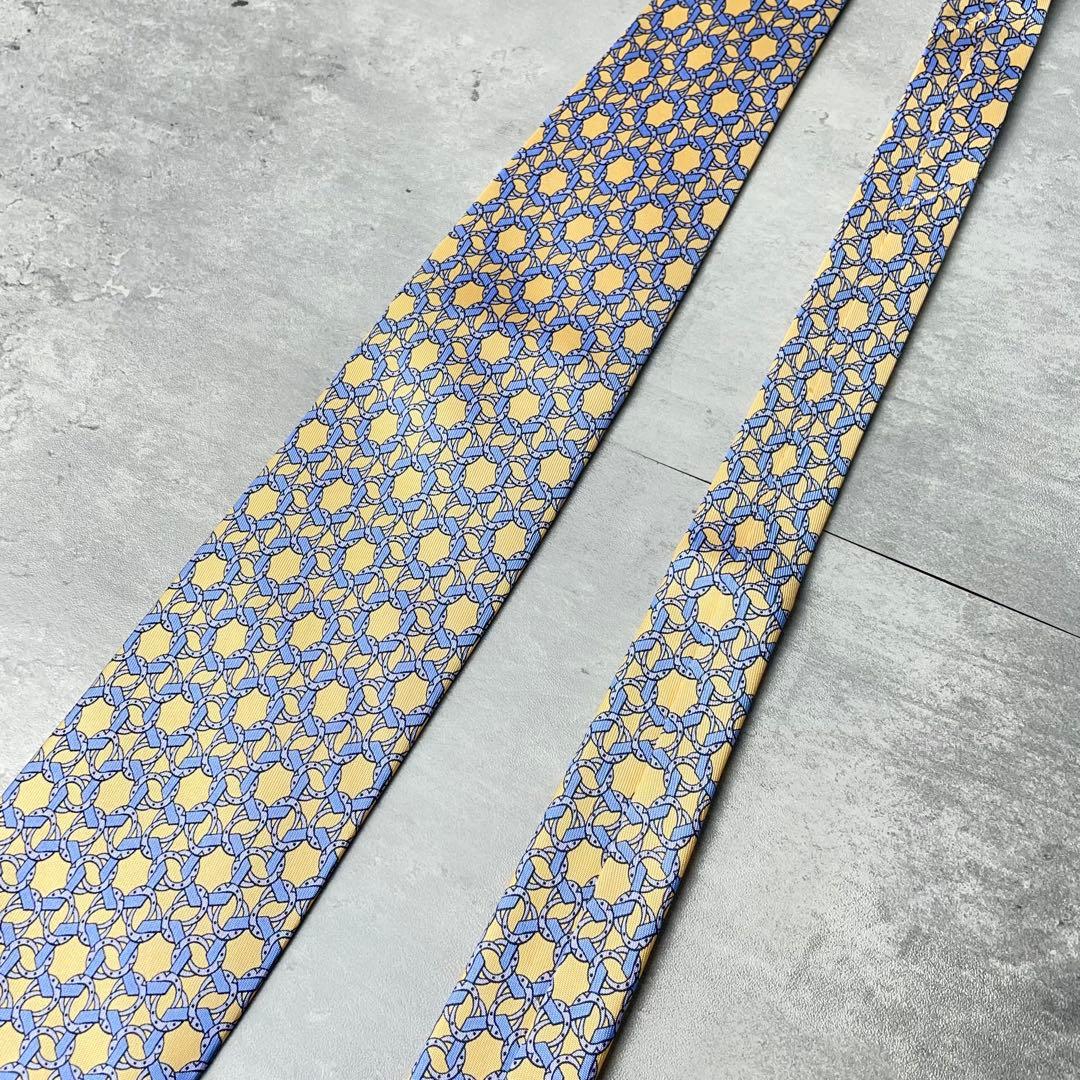 美品 HERMES エルメス リング 多角形 総柄 ネクタイ イエロー 水色