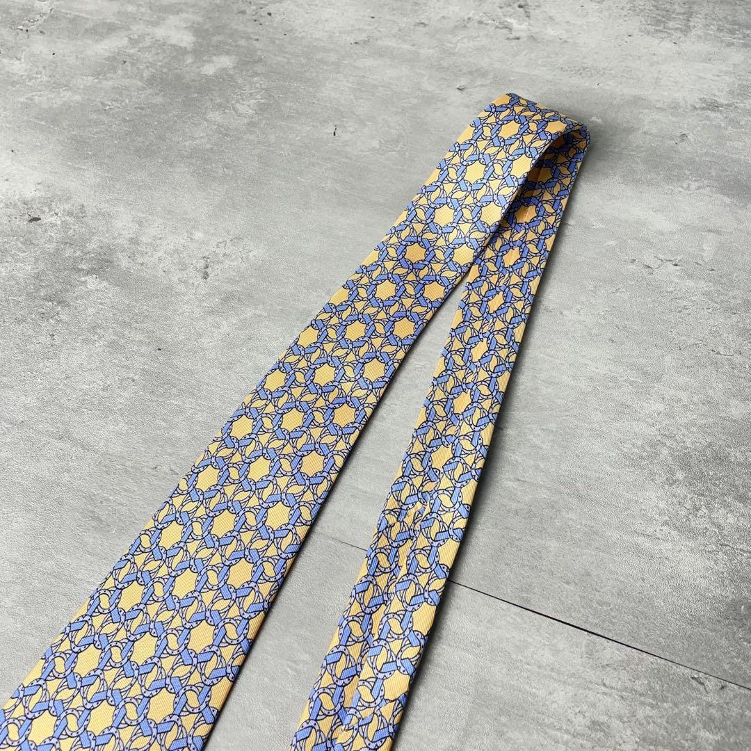 美品 HERMES エルメス リング 多角形 総柄 ネクタイ イエロー 水色