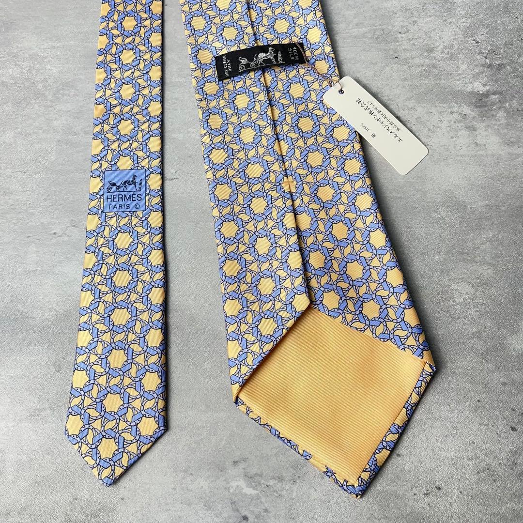 美品 HERMES エルメス リング 多角形 総柄 ネクタイ イエロー 水色