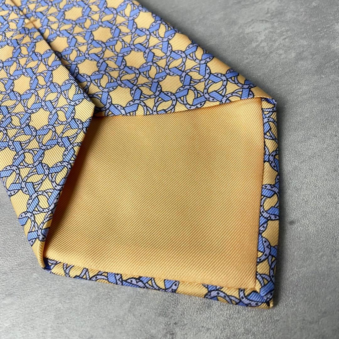 美品 HERMES エルメス リング 多角形 総柄 ネクタイ イエロー 水色