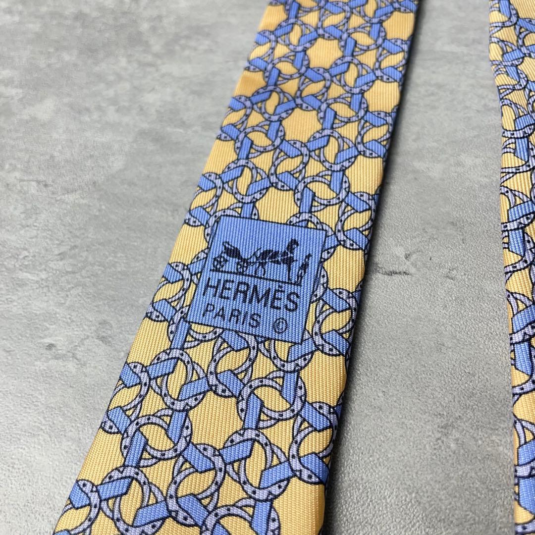 美品 HERMES エルメス リング 多角形 総柄 ネクタイ イエロー 水色