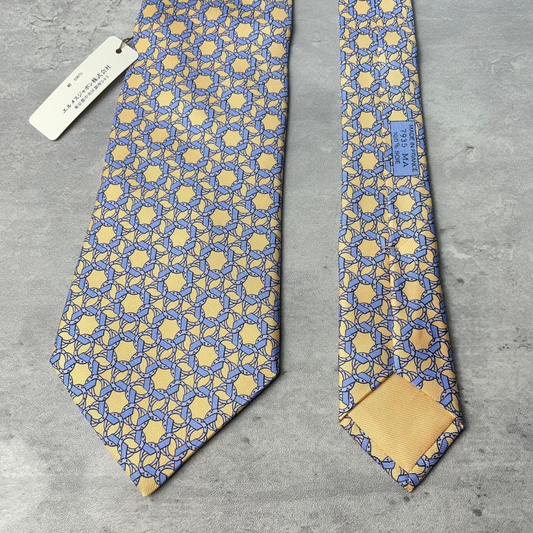 美品 HERMES エルメス リング 多角形 総柄 ネクタイ イエロー 水色