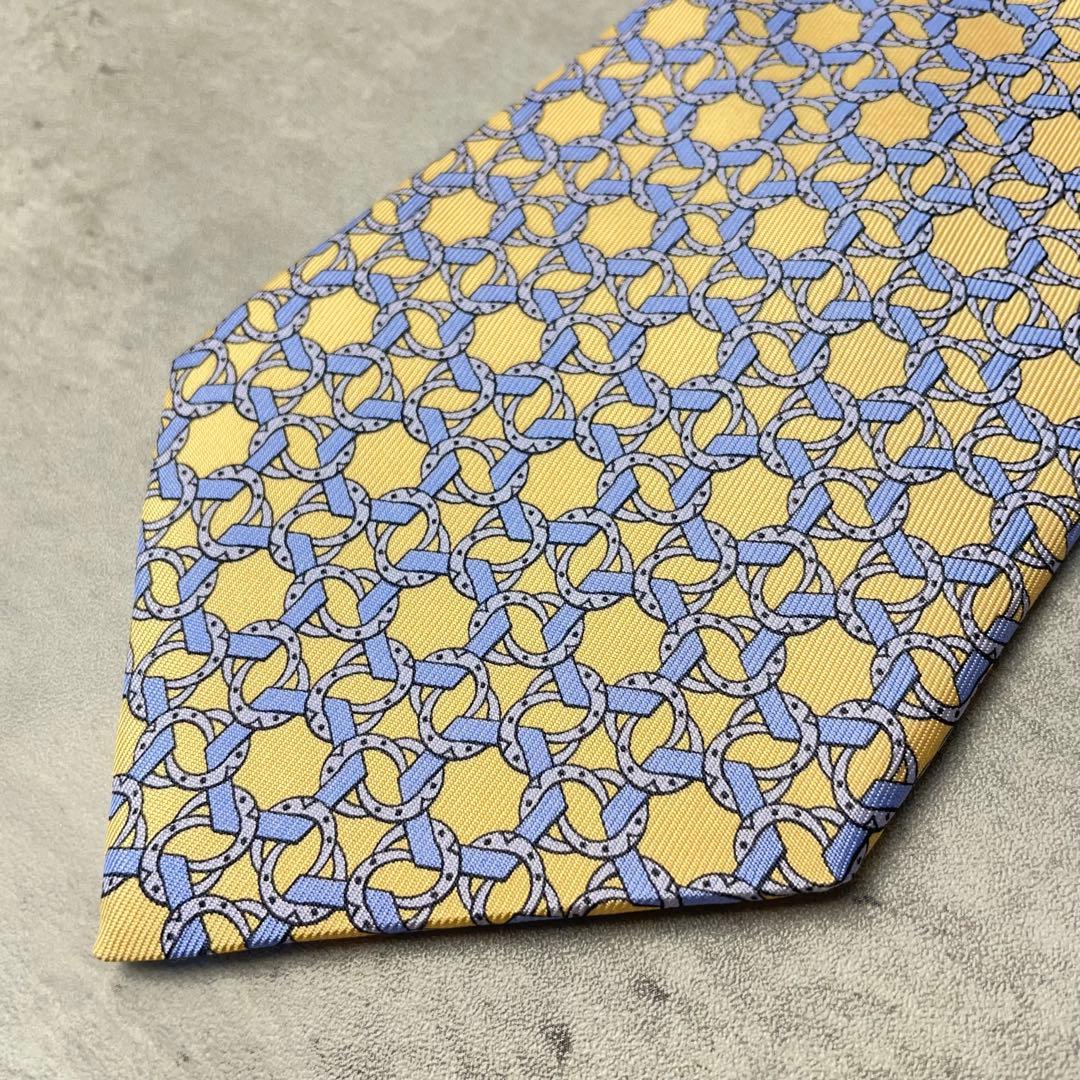 美品 HERMES エルメス リング 多角形 総柄 ネクタイ イエロー 水色