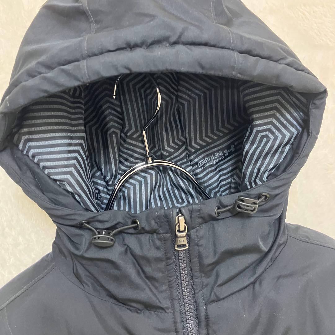 アンダーアーマー✨ロング ベンチコート 黒 フード ロゴプリント 男女兼用