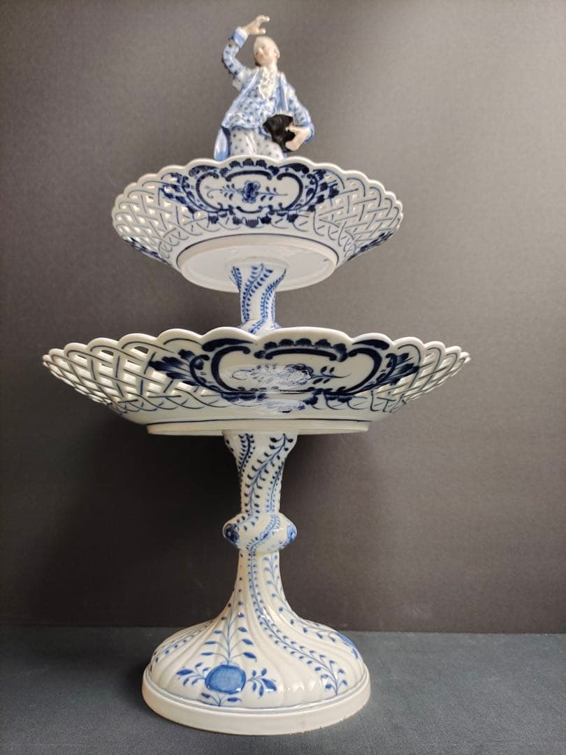 時代 マイセン ブルーオニオン 磁器 2段コンポート 飾り インテリア 修理あり