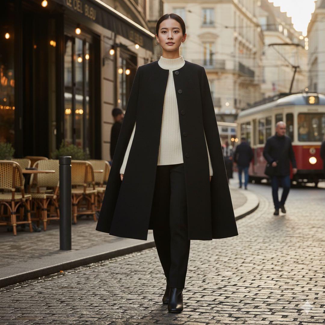 LE CIEL BLEUのウールケープコート ポンチョロングコート シェルブルー