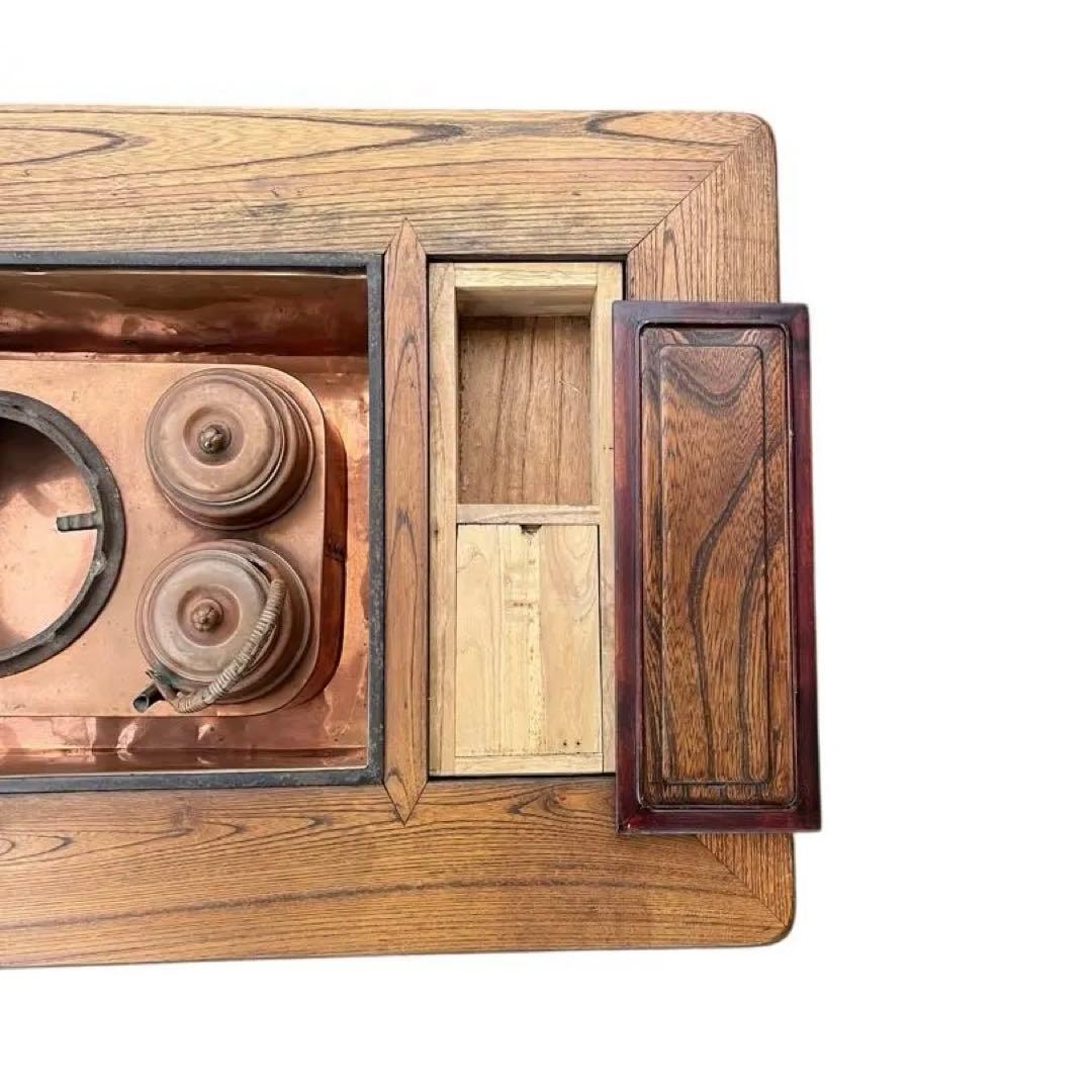 欅調 木製 長火鉢 銅板張り 引き出し付 囲炉裏火鉢 古民具