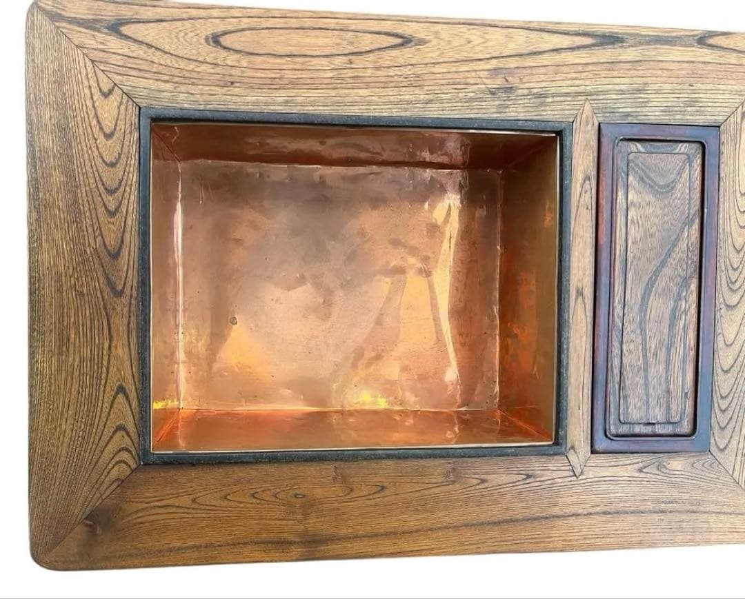 欅調 木製 長火鉢 銅板張り 引き出し付 囲炉裏火鉢 古民具