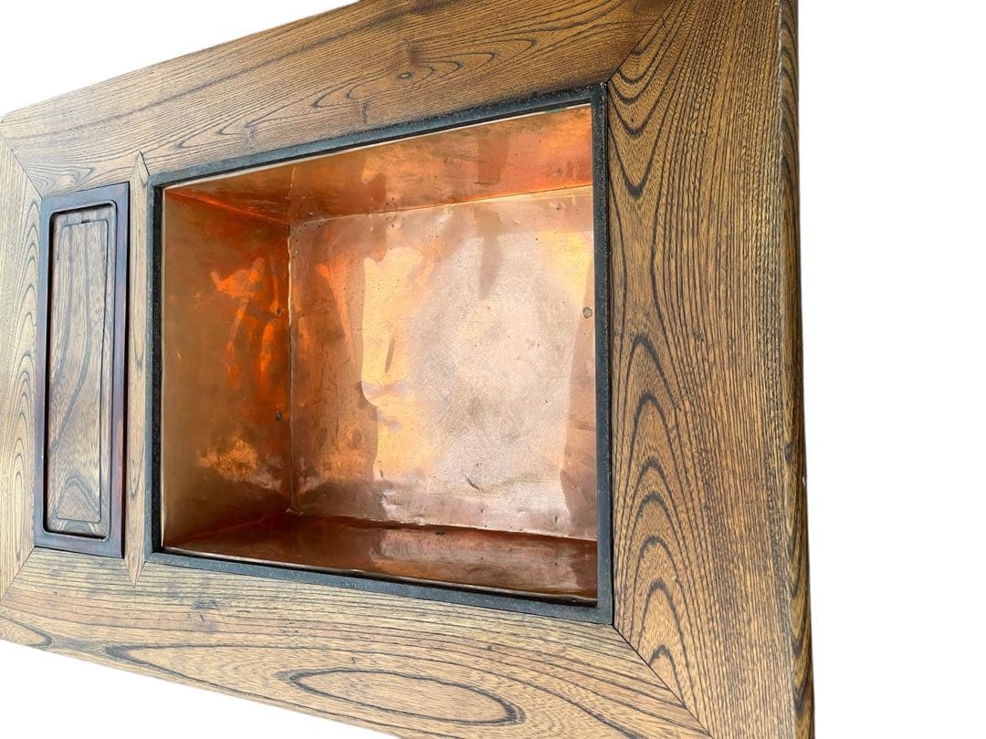 欅調 木製 長火鉢 銅板張り 引き出し付 囲炉裏火鉢 古民具