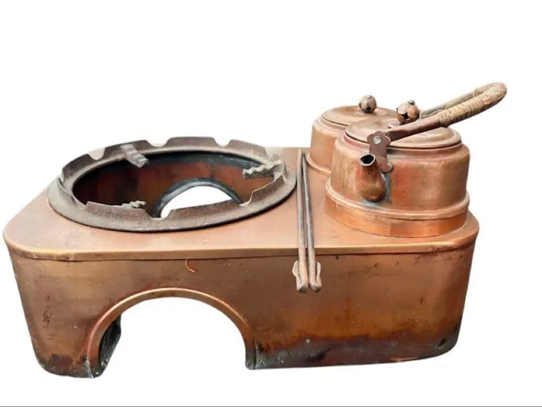 欅調 木製 長火鉢 銅板張り 引き出し付 囲炉裏火鉢 古民具