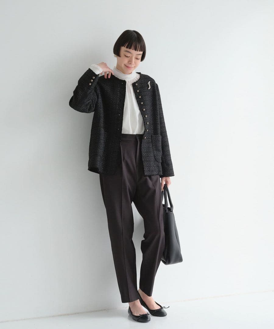 ピュアルセシン ツイードノーカラージャケット　黒