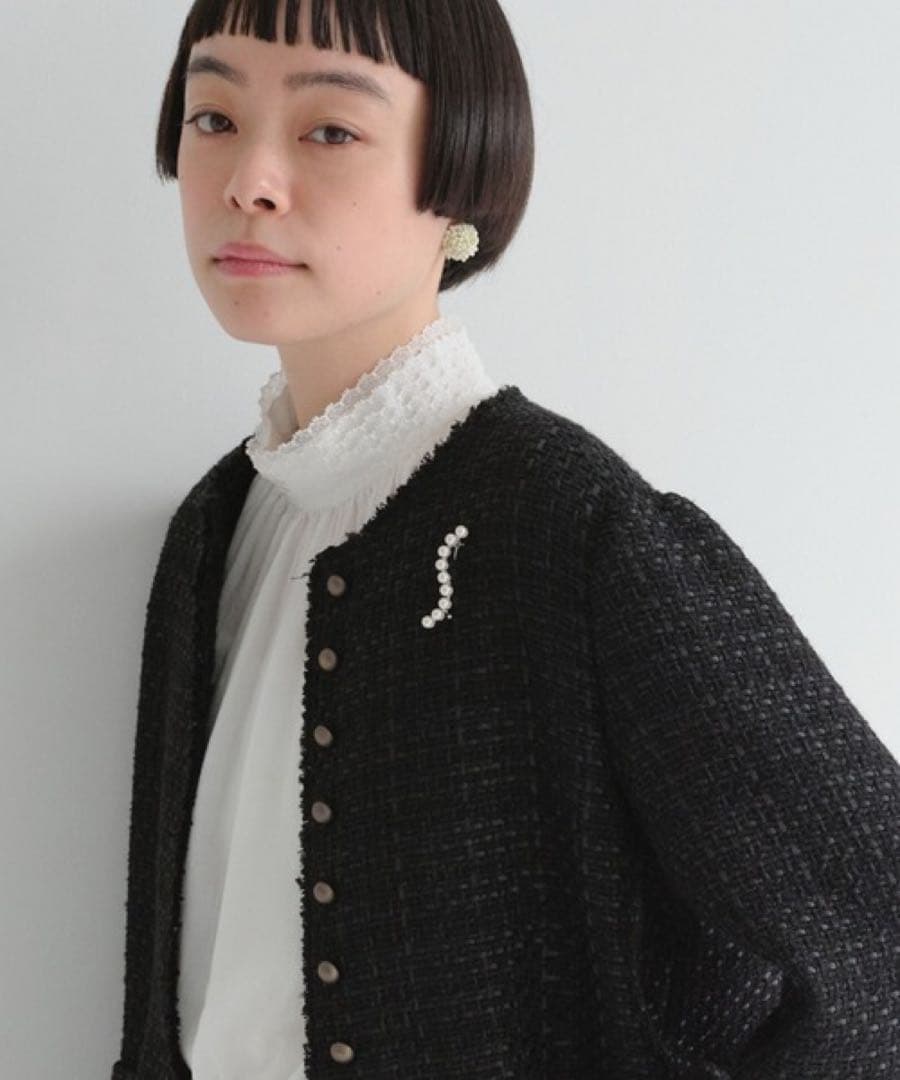 ピュアルセシン ツイードノーカラージャケット　黒