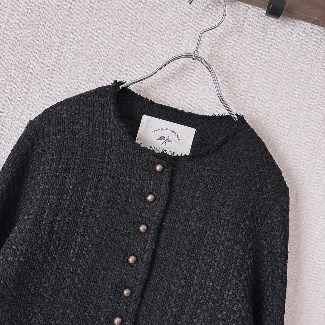 ピュアルセシン ツイードノーカラージャケット　黒