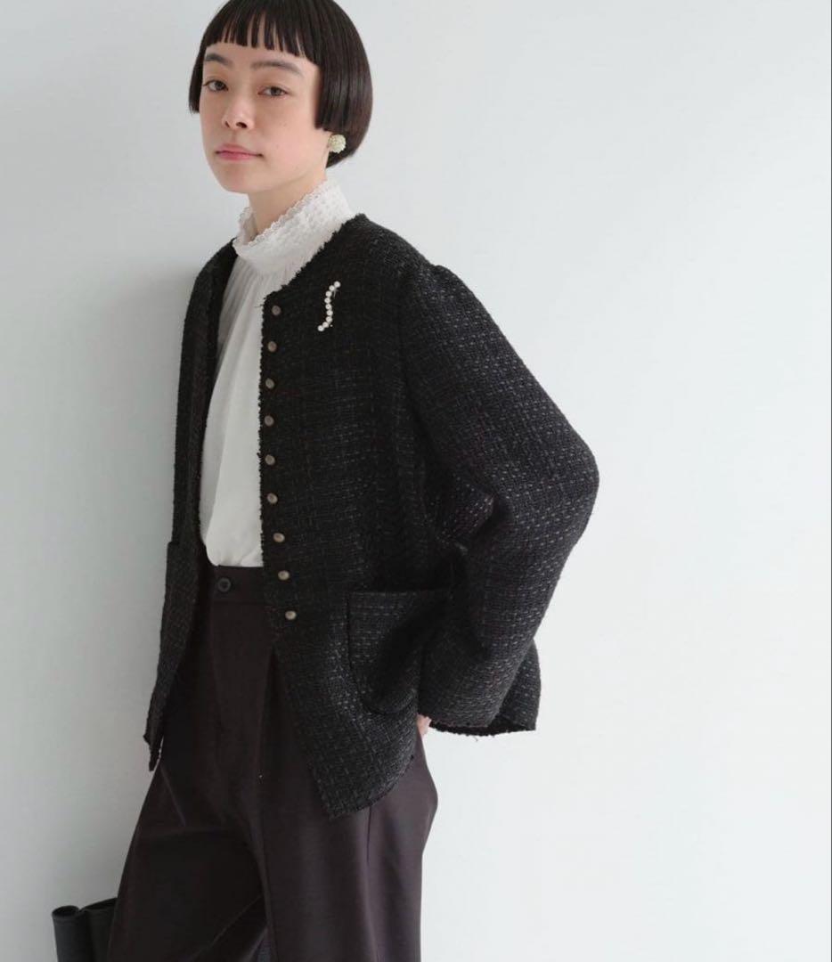 ピュアルセシン ツイードノーカラージャケット　黒