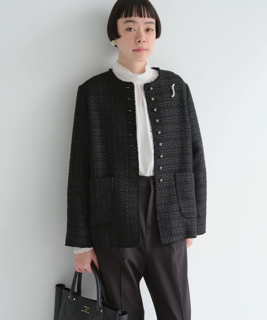 ピュアルセシン ツイードノーカラージャケット　黒