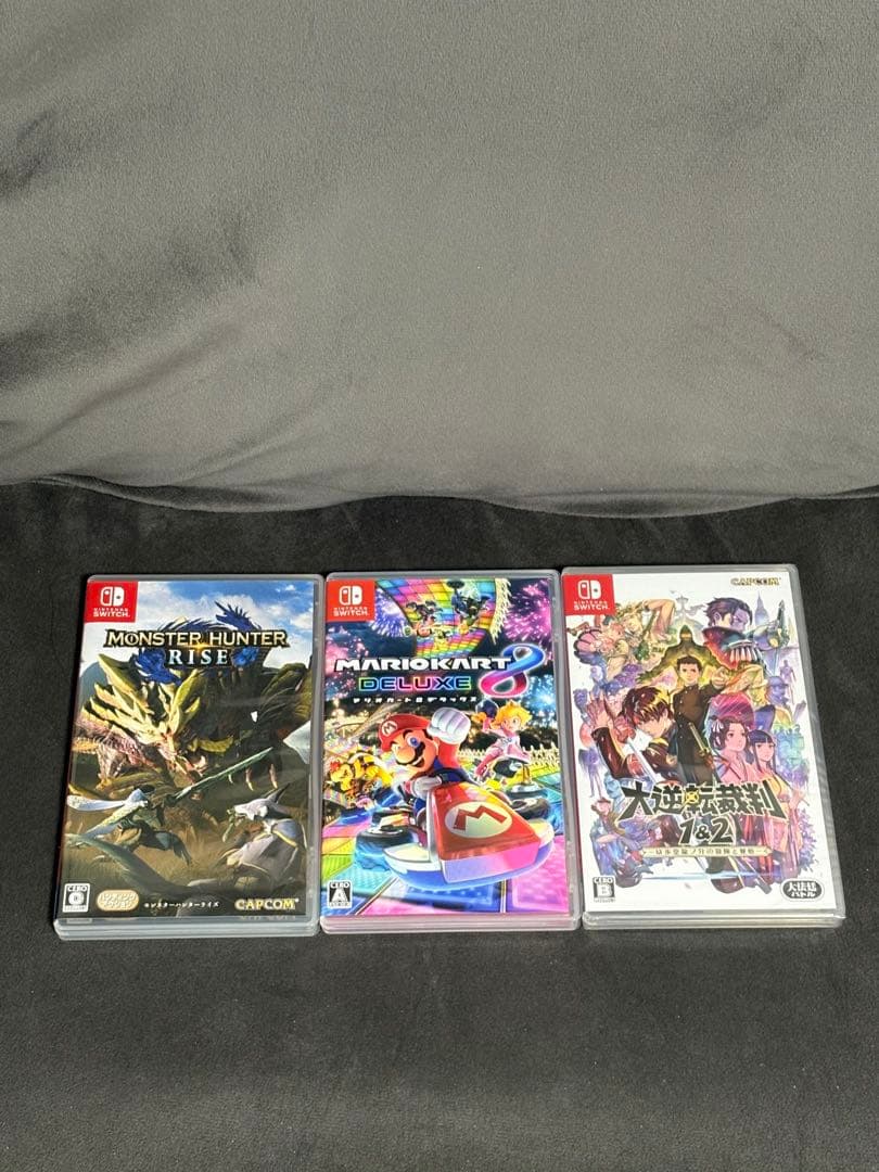【switchソフト3本】モンスターハンターライズ・マリオカート8・大逆転裁判