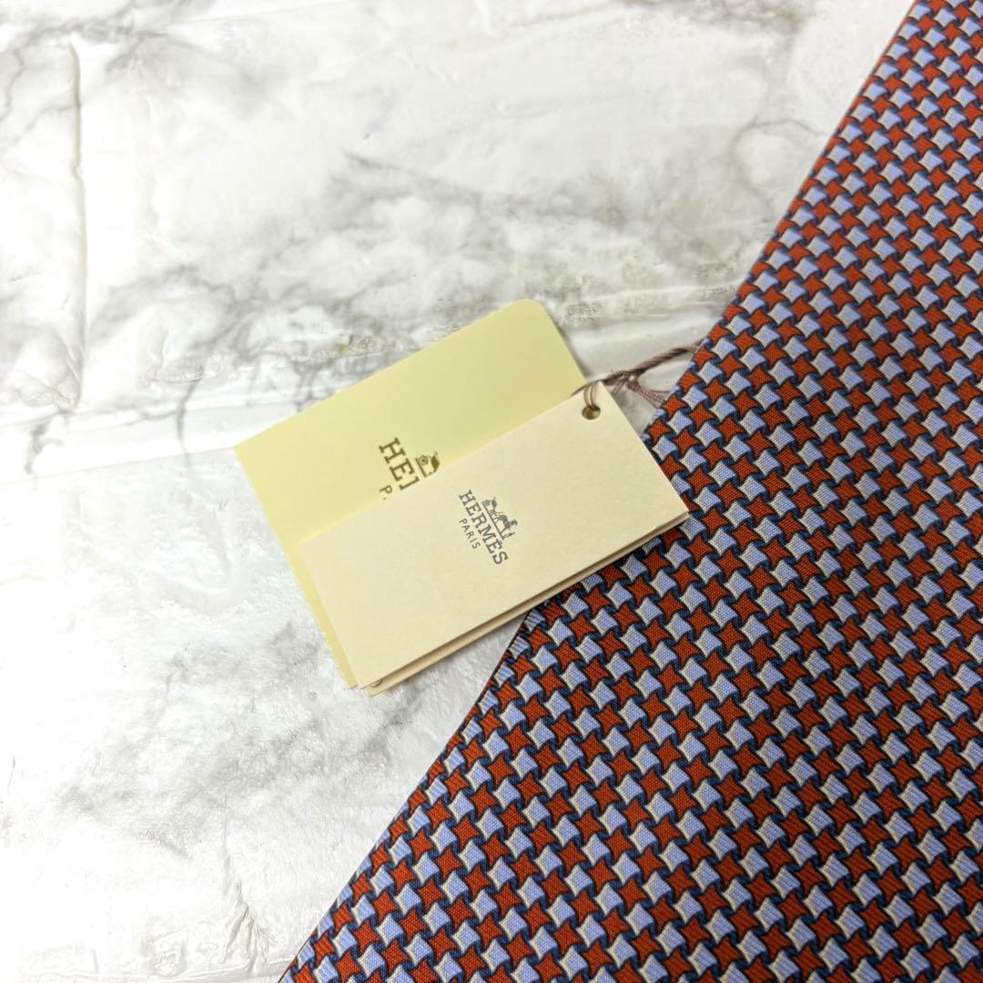 未使用品　エルメス　ネクタイ　オレンジ×水色　スーツ　ソリッドタイ　シャツ