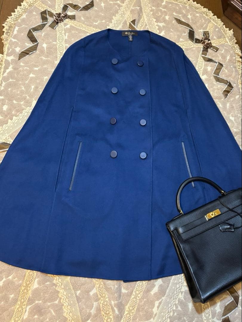 美しいロイヤルブルーロロピアーナカシミアオンリーダブルポンチョ、ケープ、マント