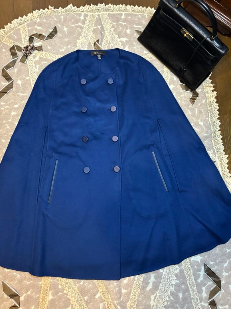 美しいロイヤルブルーロロピアーナカシミアオンリーダブルポンチョ、ケープ、マント