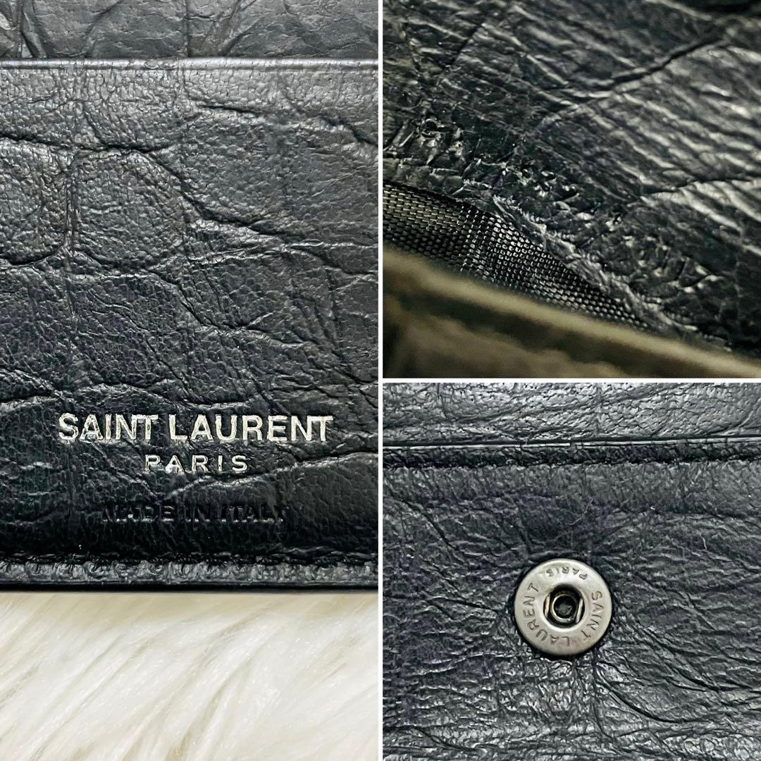 極美✨サンローラン 二つ折り財布 オールブラック レザー クロコ