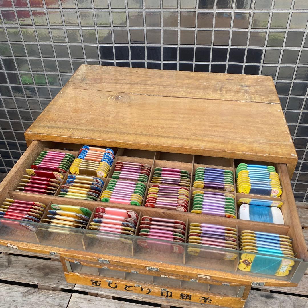 昭和レトロ 金しどり印絹糸 店舗什器 ショーケース 木製 古家具 糸大量