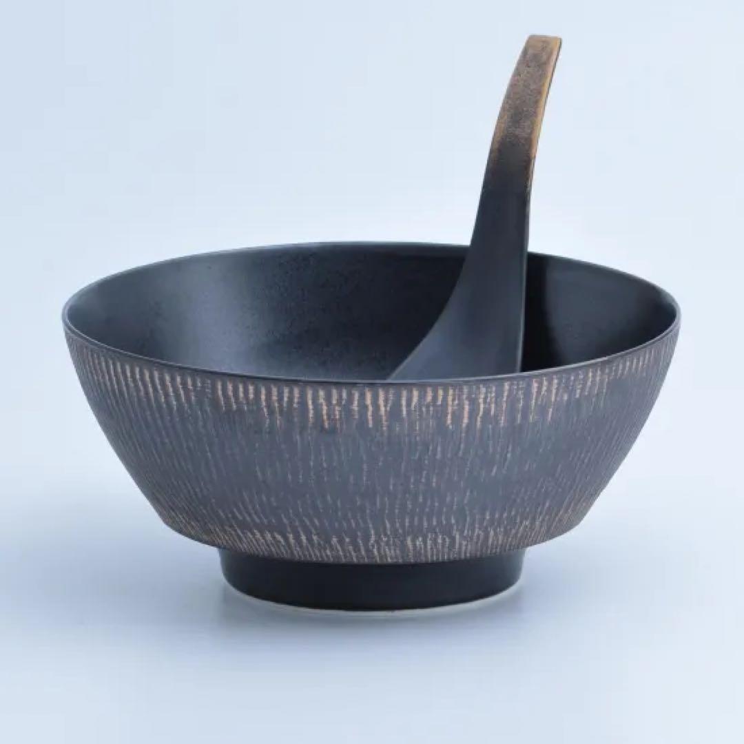 まるぶん marubun 黒釉飛び鉋　究極のラーメン鉢レンゲセット 2個セット