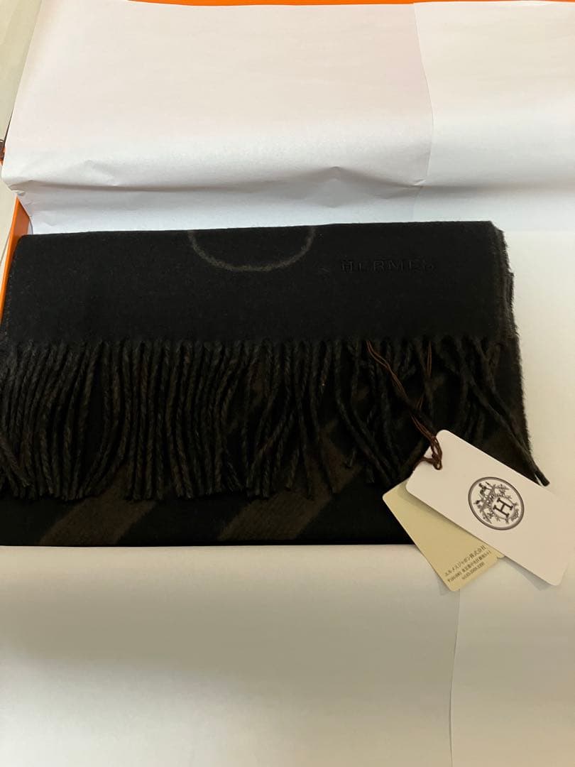 エルメス　カシミヤマフラー 《テット・ア・テット・エケストル》　新品　黒／カフェ