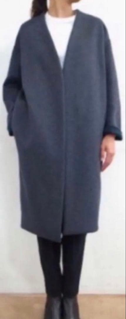 ENFOLD ウールリバー　ノーカラーコート　グレー　裏グリーン　36