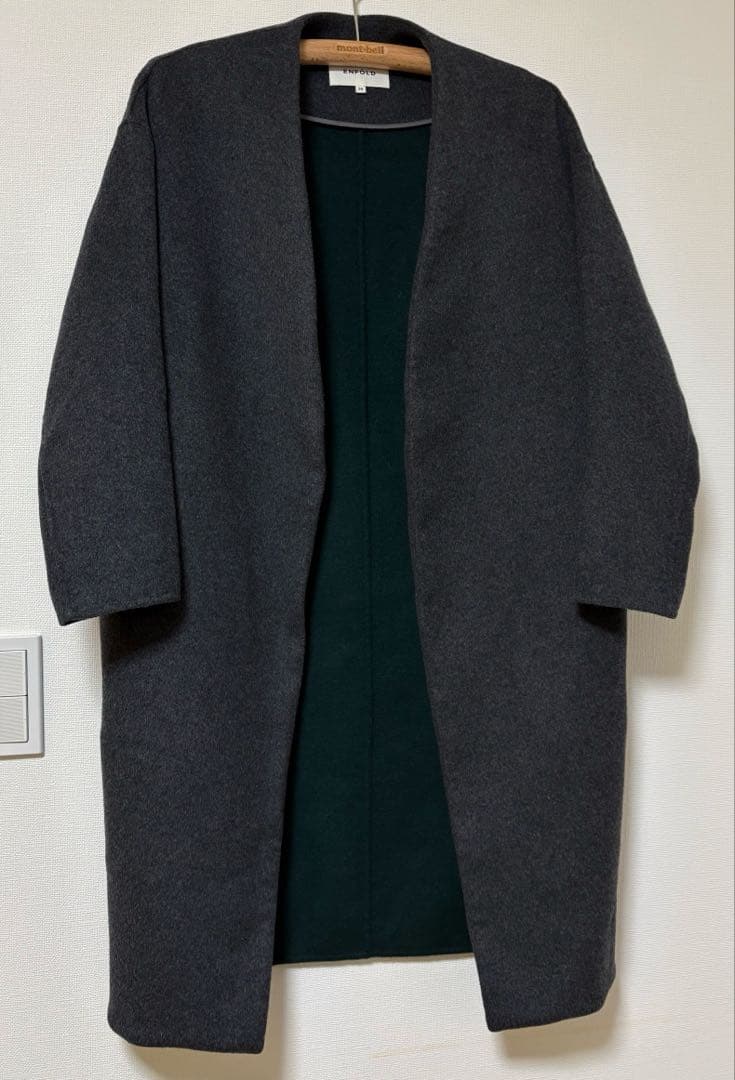 ENFOLD ウールリバー　ノーカラーコート　グレー　裏グリーン　36