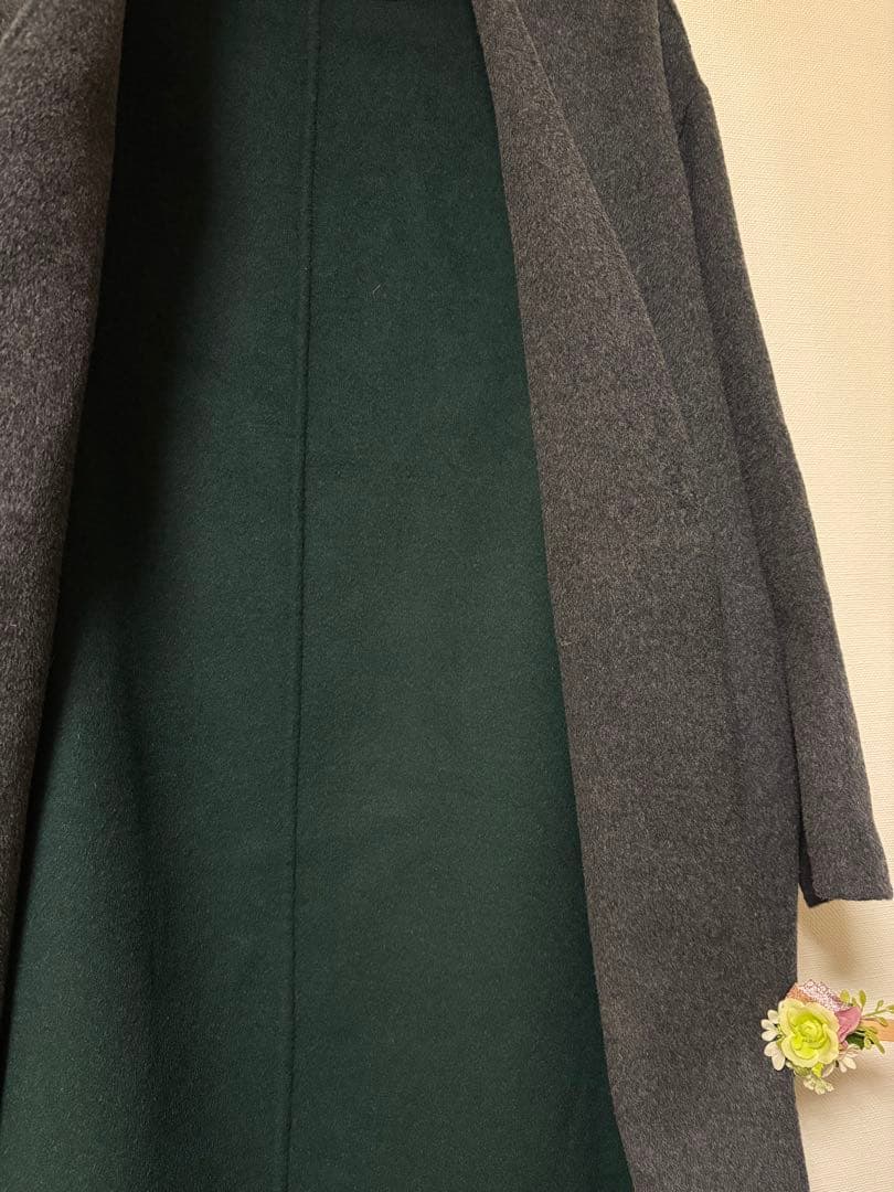 ENFOLD ウールリバー　ノーカラーコート　グレー　裏グリーン　36
